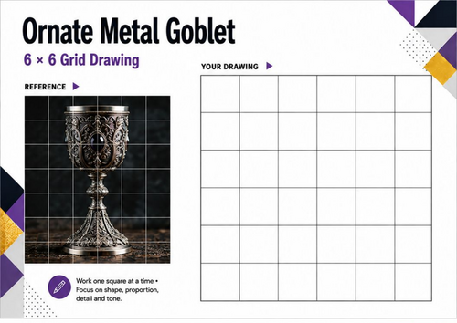 Ornate Gothic Goblet Grid Drawing Worksheet | Metallic Texture & Tone | KS3 & KS4 Art
