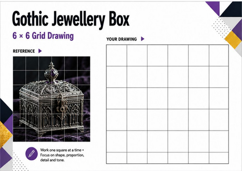 Gothic Jewellery Box Grid Drawing Worksheet | Perspective, Pattern & Shading | KS3 & KS4 Art