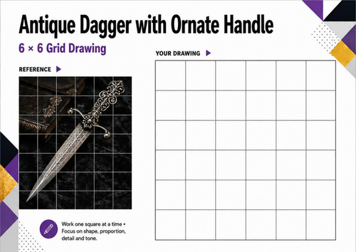 Antique Gothic Dagger Grid Drawing Worksheet | Proportion, Detail & Shading | KS3 & KS4 Art