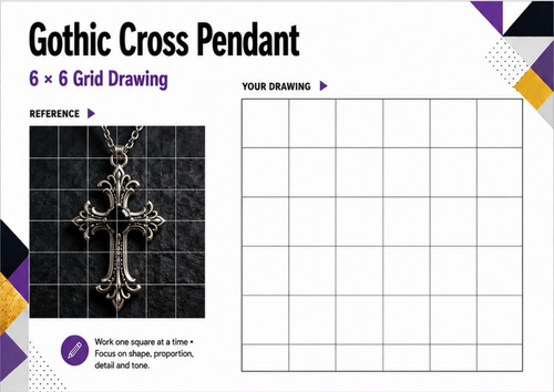 Gothic Cross Pendant Grid Drawing Worksheet | Symmetry, Pattern & Tone | KS3 & KS4 Art