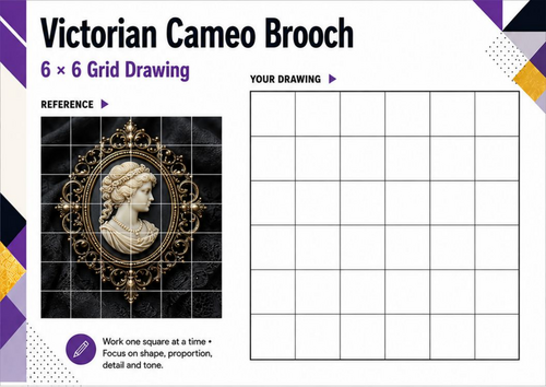 Victorian Cameo Brooch Grid Drawing Worksheet | Portrait & Pattern | KS3 & KS4 Art