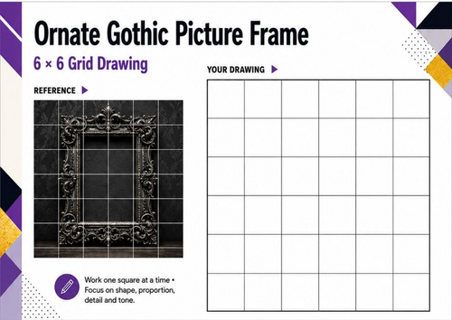 Ornate Gothic Picture Frame Grid Drawing Worksheet | Symmetry & Pattern | KS3 & KS4 Art