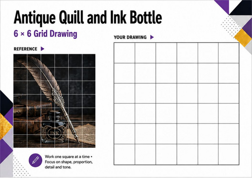 Antique Quill & Ink Bottle Grid Drawing Worksheet | Texture & Still Life | KS3 & KS4 Art