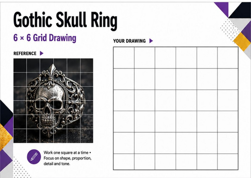 Gothic Skull Ring Grid Drawing Worksheet | Detailed Tonal Drawing Challenge | KS3 & KS4 Art