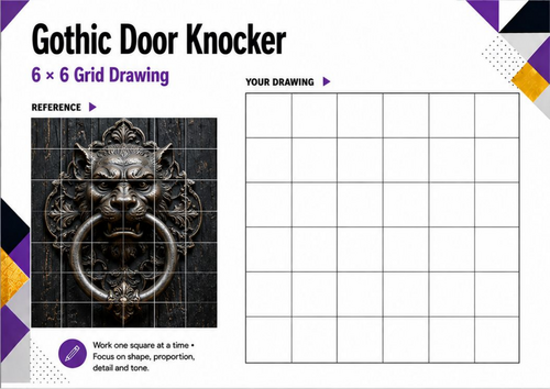 Gothic Door Knocker Grid Drawing Worksheet | Face, Symmetry & Shading | KS3 & KS4 Art