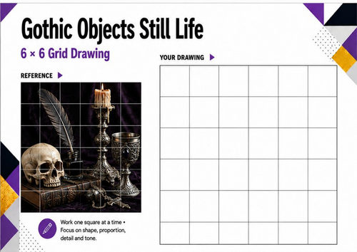 Gothic Objects Still Life Grid Drawing Worksheet | Advanced Observational Drawing | KS3 & KS4 Art