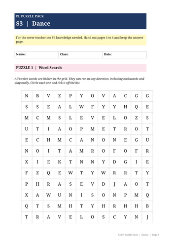 S3 PE Cover Lesson | Dance Puzzle Pack | No Prep Cover Work for Non-Specialists