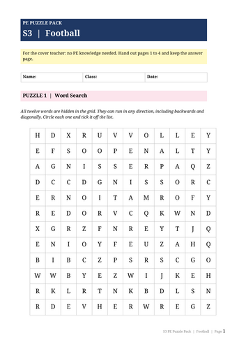 S3 PE Cover Lesson | Football Puzzle Pack | Print and Go, No Teaching Required
