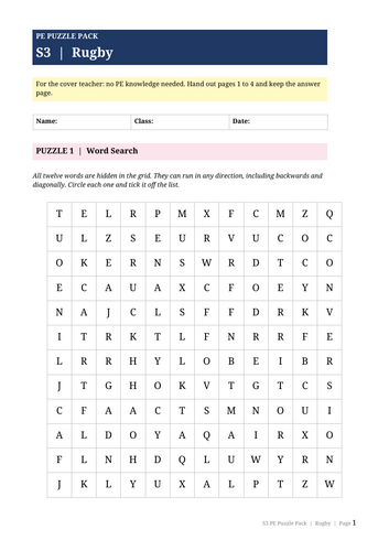 S3 PE Cover Lesson | Rugby Puzzle Pack | No Prep Cover Work for Any Teacher