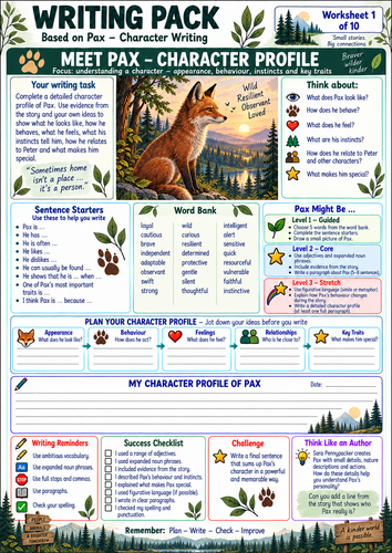 Pax Writing Pack | 10 KS2–KS3 Reading & Creative Writing Worksheets | Character, Viewpoint, Setting