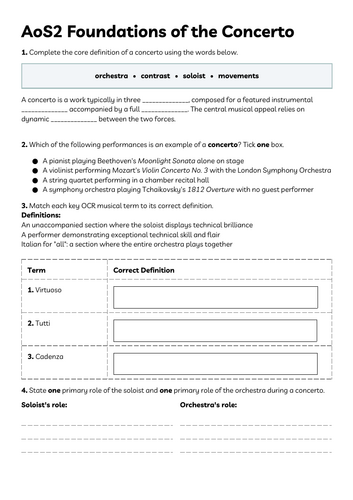 OCR GCSE Music AoS2 - Foundations of the Concerto worksheet