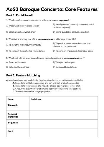 OCR GCSE Music AoS2 Baroque Concerto Core Features Worksheet