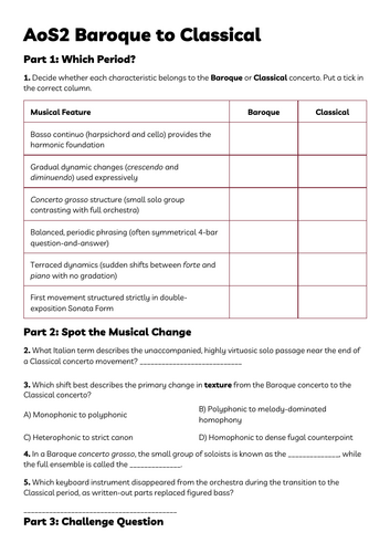 OCR GCSE Music AoS2 Baroque to Classical worksheet