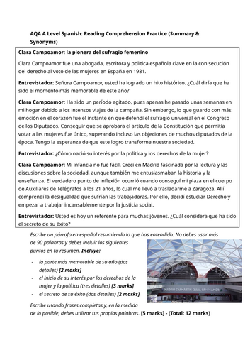 AQA A Level Spanish: Reading Comprehension Practice (Summary & Synonyms)