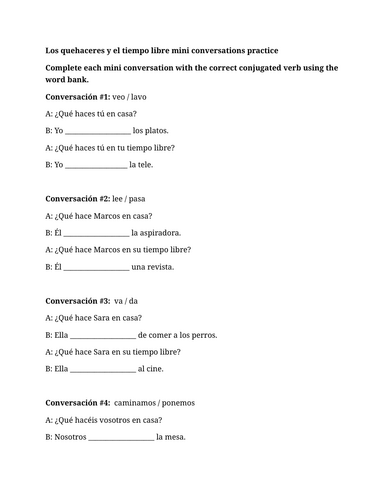 Los quehaceres y el tiempo libre mini conversations practice