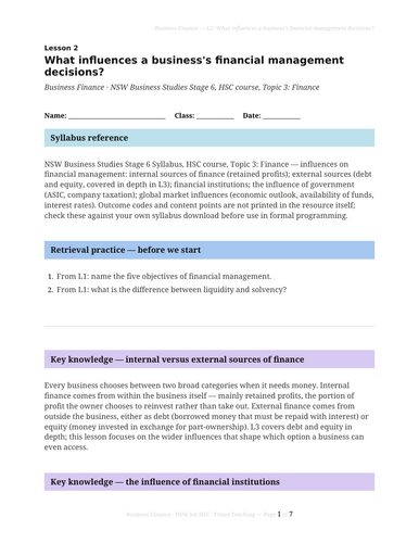 Business Finance What Influences Decisions NSW St6 HSC