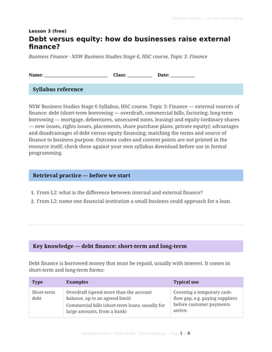 Business Finance Debt Versus Equity NSW St6 HSC Free