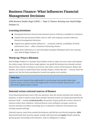 Business Finance What Influences Decisions NSW St6 HSC