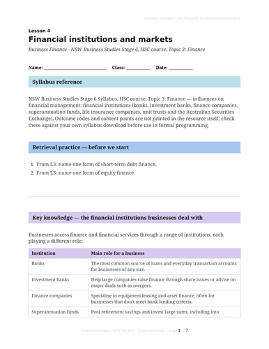 Business Finance Institutions and Markets NSW St6 HSC