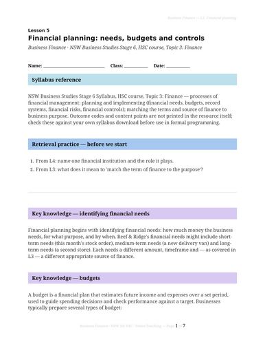 Business Finance Planning and Budgets NSW St6 HSC
