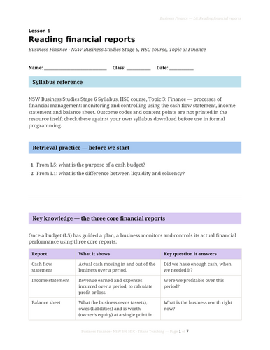 Business Finance Reading Financial Reports NSW St6 HSC