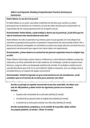 AQA Spanish al level summary and synonyms task  - la religion - el ciberespacio