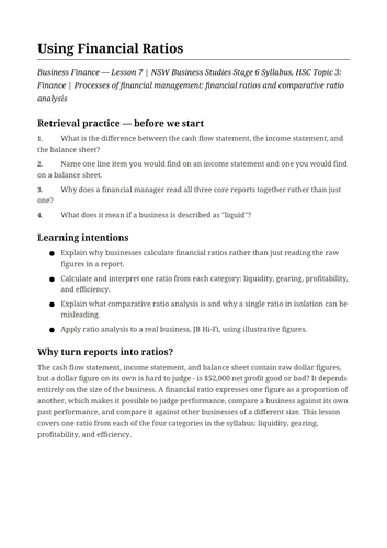 Business Finance Using Financial Ratios NSW St6 HSC