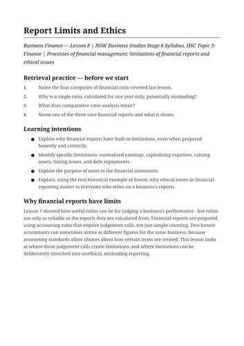 Business Finance Report Limits and Ethics NSW St6 HSC