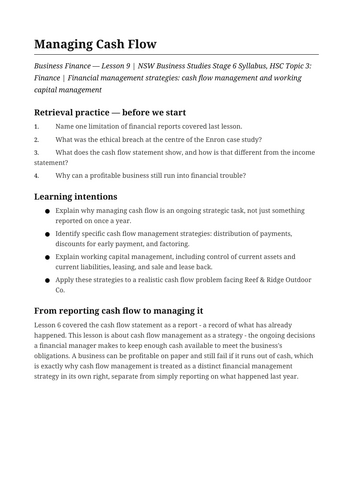 Business Finance Managing Cash Flow NSW St6 HSC