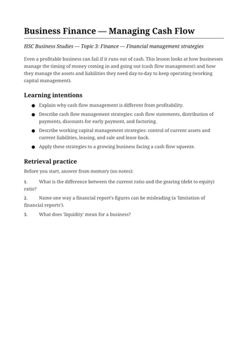 Business Finance Managing Cash Flow NSW St6 HSC
