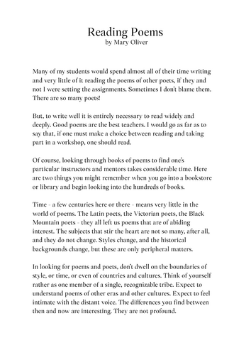 GCSE Poetry intro/homework worksheet - Mary Oliver