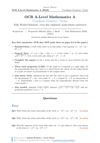Circles | OCR A-Level Maths | 40 Worked Examples (H240)