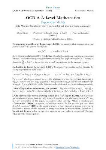 Exponential Models | OCR A-Level Maths | 40 Worked Examples (H240)
