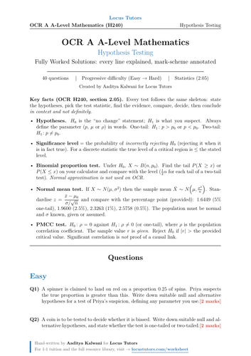 Hypothesis Testing | OCR A A-Level Maths | 40 Worked Examples (H240)