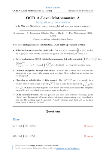 Integration by Substitution | OCR A-Level Maths | 40 Worked Examples (H240)
