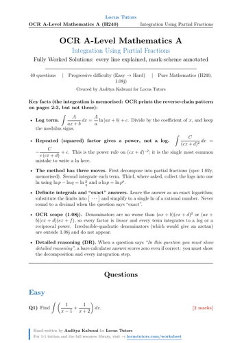 Integration Using Partial Fractions | OCR A-Level Maths | 40 Worked Examples (H240)