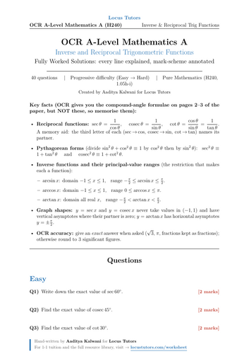 Inverse & Reciprocal Trigonometric Functions | OCR A-Level Maths | 40 Worked Examples (H240)