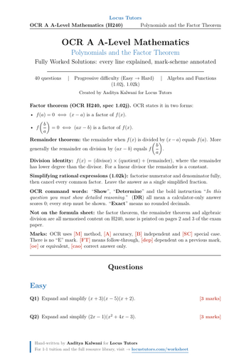 Polynomials & the Factor Theorem | OCR A A-Level Maths | 40 Worked Examples (H240)