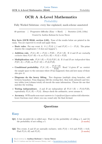 Probability | OCR A A-Level Maths | 40 Worked Examples (H240)