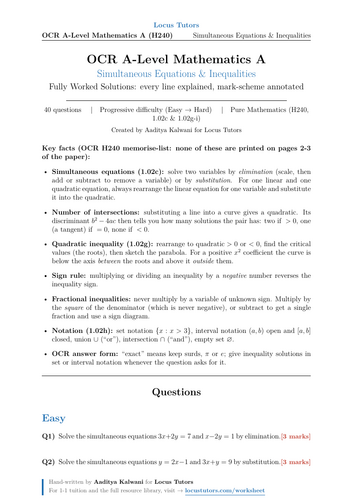 Simultaneous Equations & Inequalities | OCR A-Level Maths | 40 Worked Examples (H240)