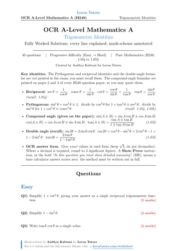 Trigonometric Identities | OCR A-Level Maths | 40 Worked Examples (H240)