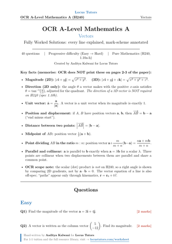 Vectors | OCR A-Level Maths | 40 Worked Examples (H240)