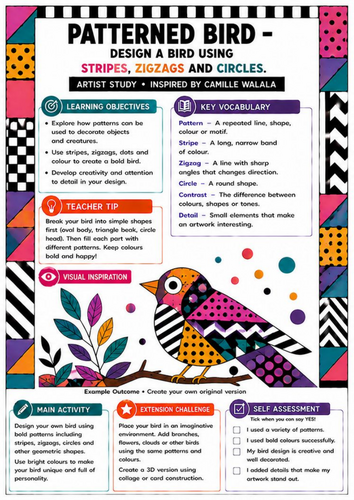 Camille Walala Art Worksheet | Patterned Bird | KS3 Pattern, Shape & Colour