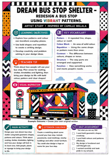 Camille Walala Art Worksheet | Dream Bus Stop Shelter | KS3 Architecture & Design