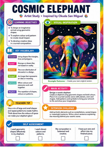 Okuda San Miguel Cosmic Elephant Worksheet | Geometric Animal KS3 Art