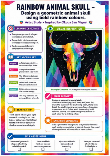 Okuda San Miguel Rainbow Animal Skull Worksheet | Geometric KS3 Art