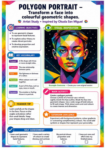 Okuda San Miguel Geometric Face Worksheet | Colourful Polygon Portrait KS3