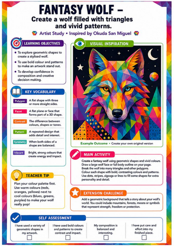 Okuda San Miguel Fantasy Wolf Art Worksheet | Colour & Geometric Animals KS3