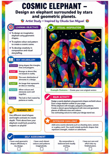 Okuda San Miguel Geometric Elephant Art Worksheet | Cosmic Animal KS3 Art