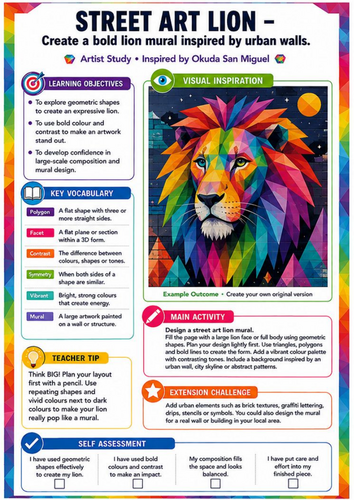Okuda San Miguel Street Art Lion Worksheet | Geometric Animal & Urban Art KS3